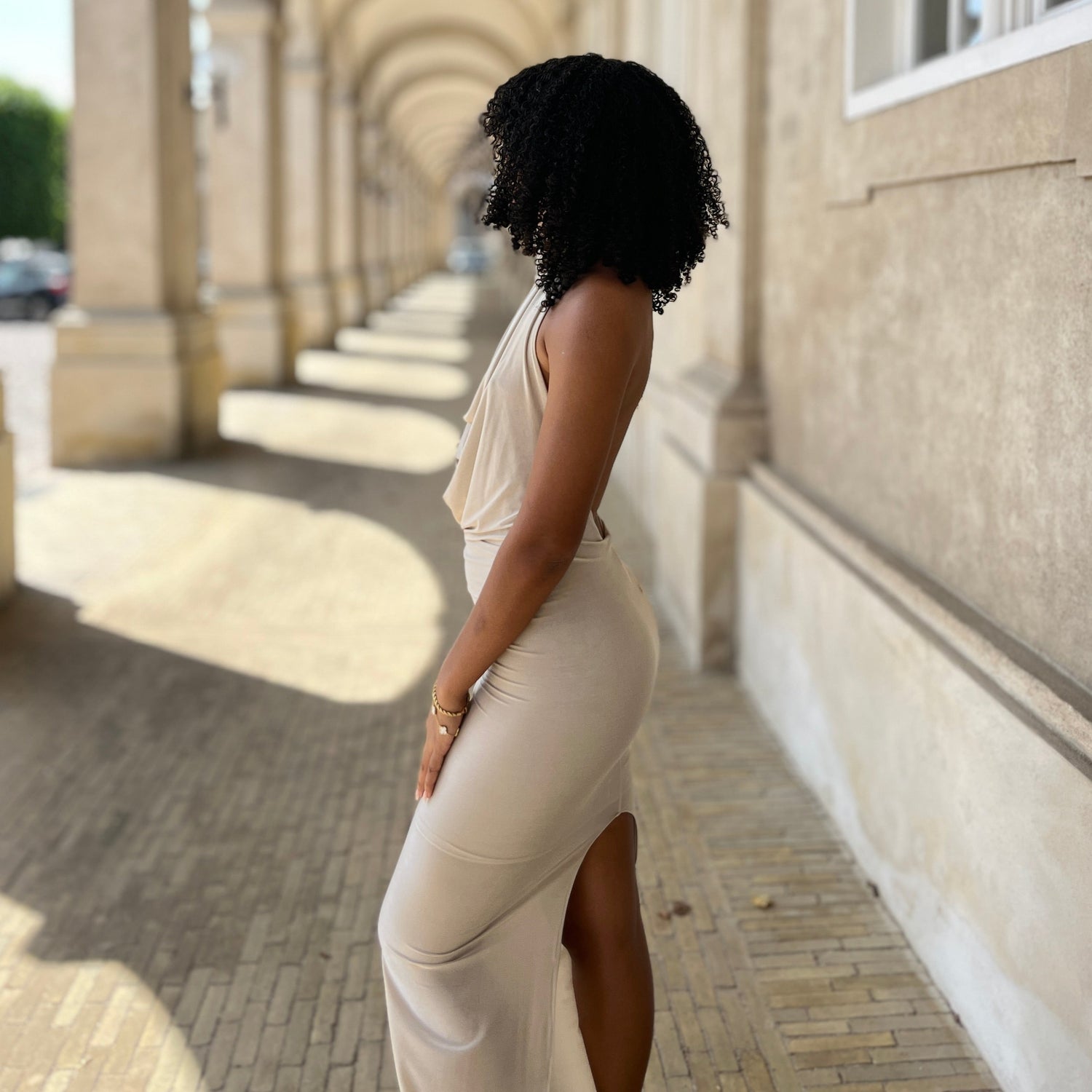 Lloren Araza backless maxi dress beige bodycon jersey halterneck dress
